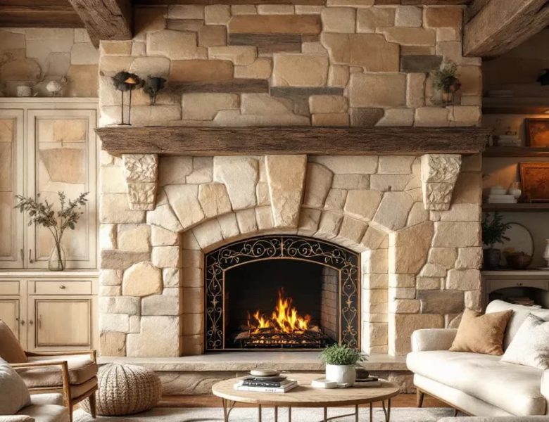 A beautiful stone fireplace surround that showcases the charm and beauty of natural stone.