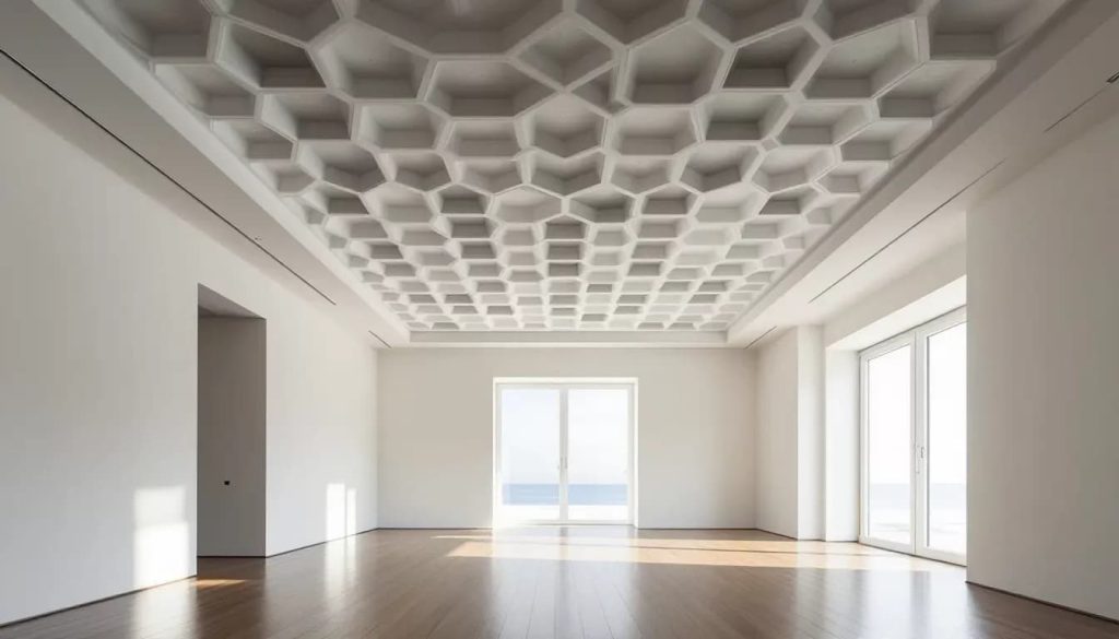 A cozy living room with a waffle ceiling that enhances the aesthetic appeal.