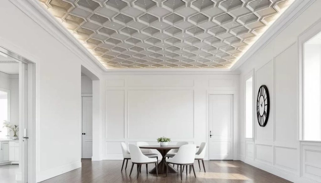 A dining room featuring a stunning waffle ceiling, ideal for entertaining guests.