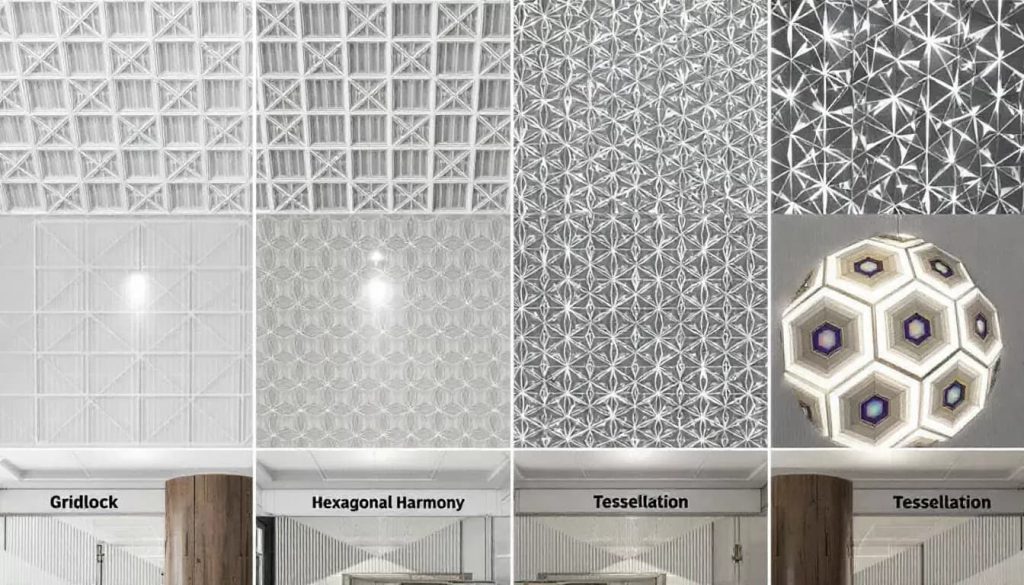 Various styles of waffle ceilings displayed in a modern interior setting.